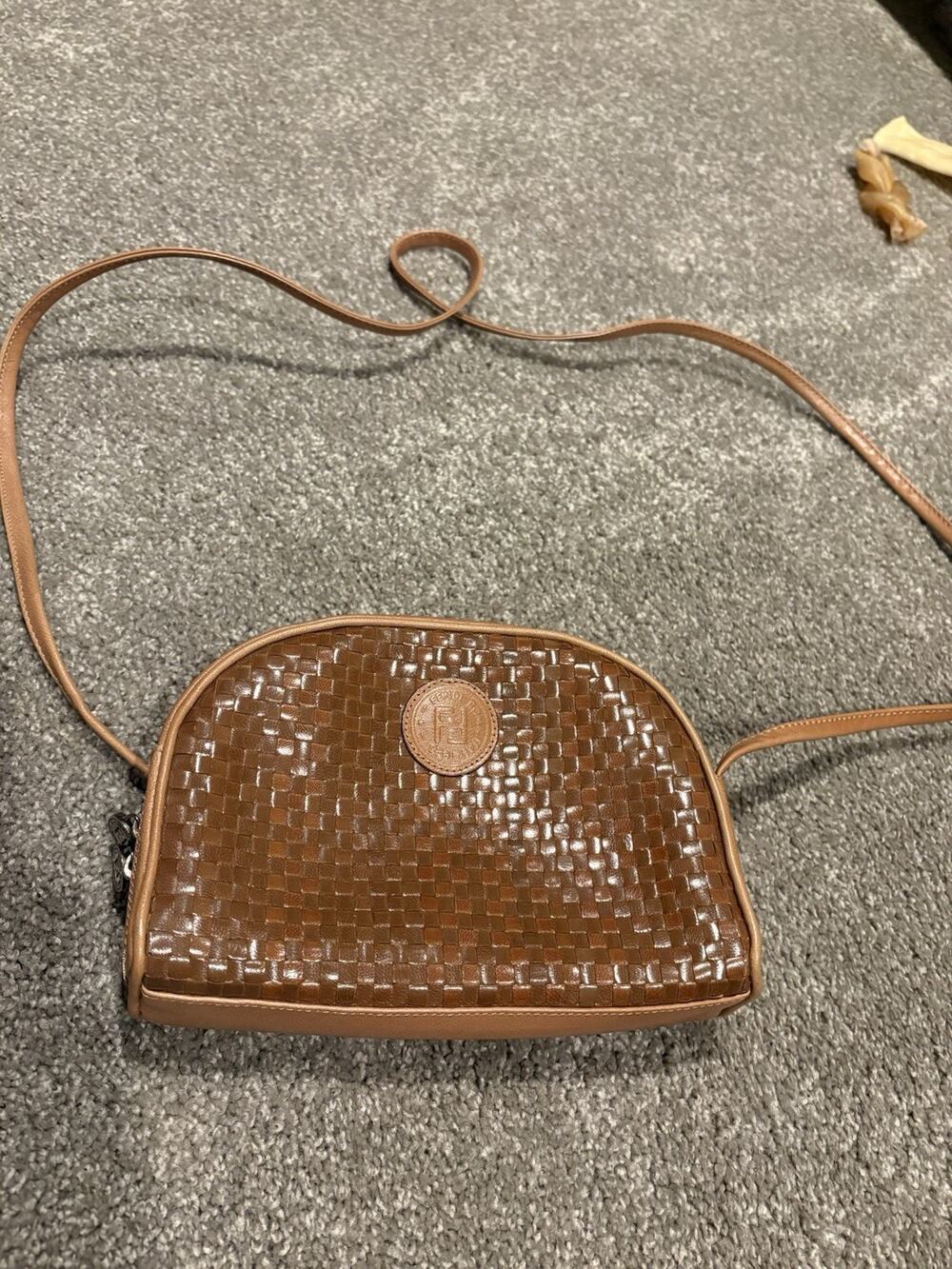 Vintage Fendi Brown Woven Leather Crossbody Shoulder Bag Authentic FF Logo